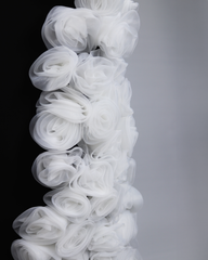 Strapless column dress with one sleeve and side 3D flowers