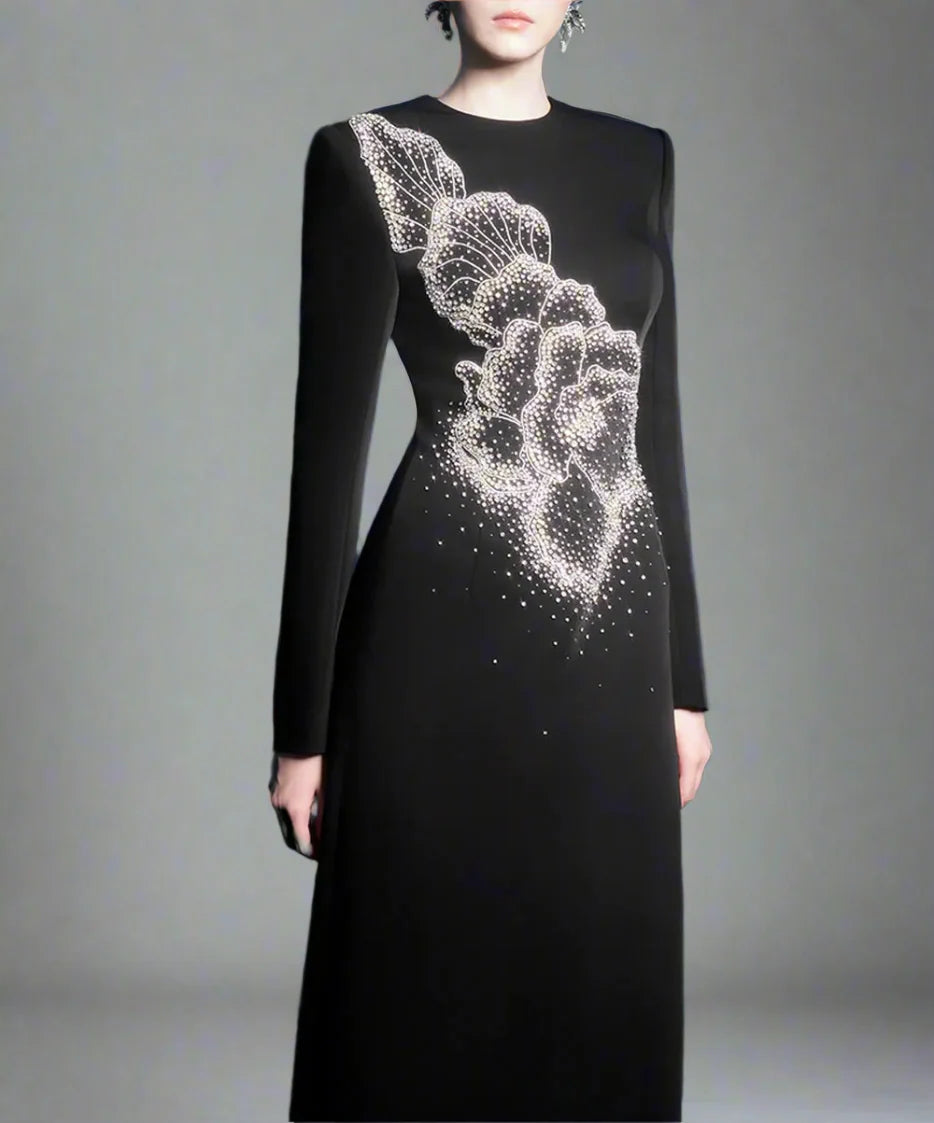 Long-Sleeve A-line Dress with Beaded Floral Accents - BLOSSOM