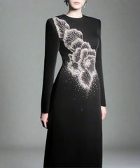 Long-Sleeve A-line Dress with Beaded Floral Accents - BLOSSOM