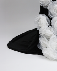Shoulder-off column dress with 3D flowers and a train