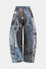 Abstract Print Button Pocket Wide Leg Barrel Trousers