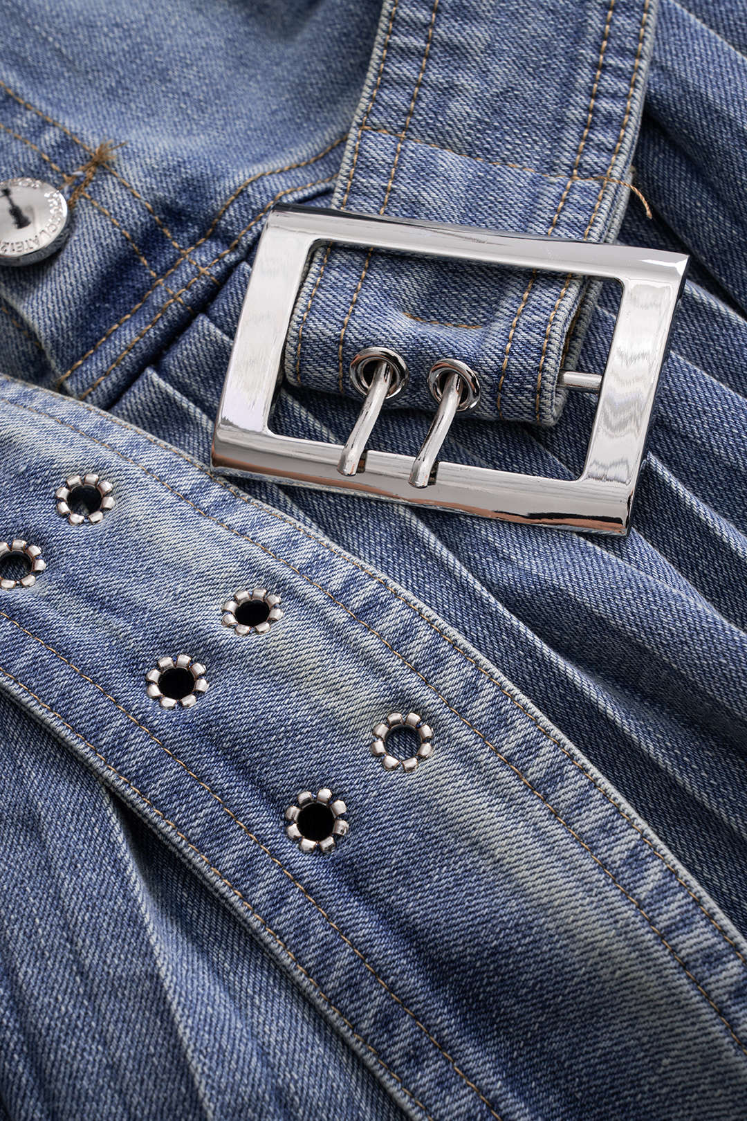 Denim Pleated High Waist  Mentalic Decor Skirt