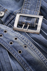 Denim Pleated High Waist  Mentalic Decor Skirt