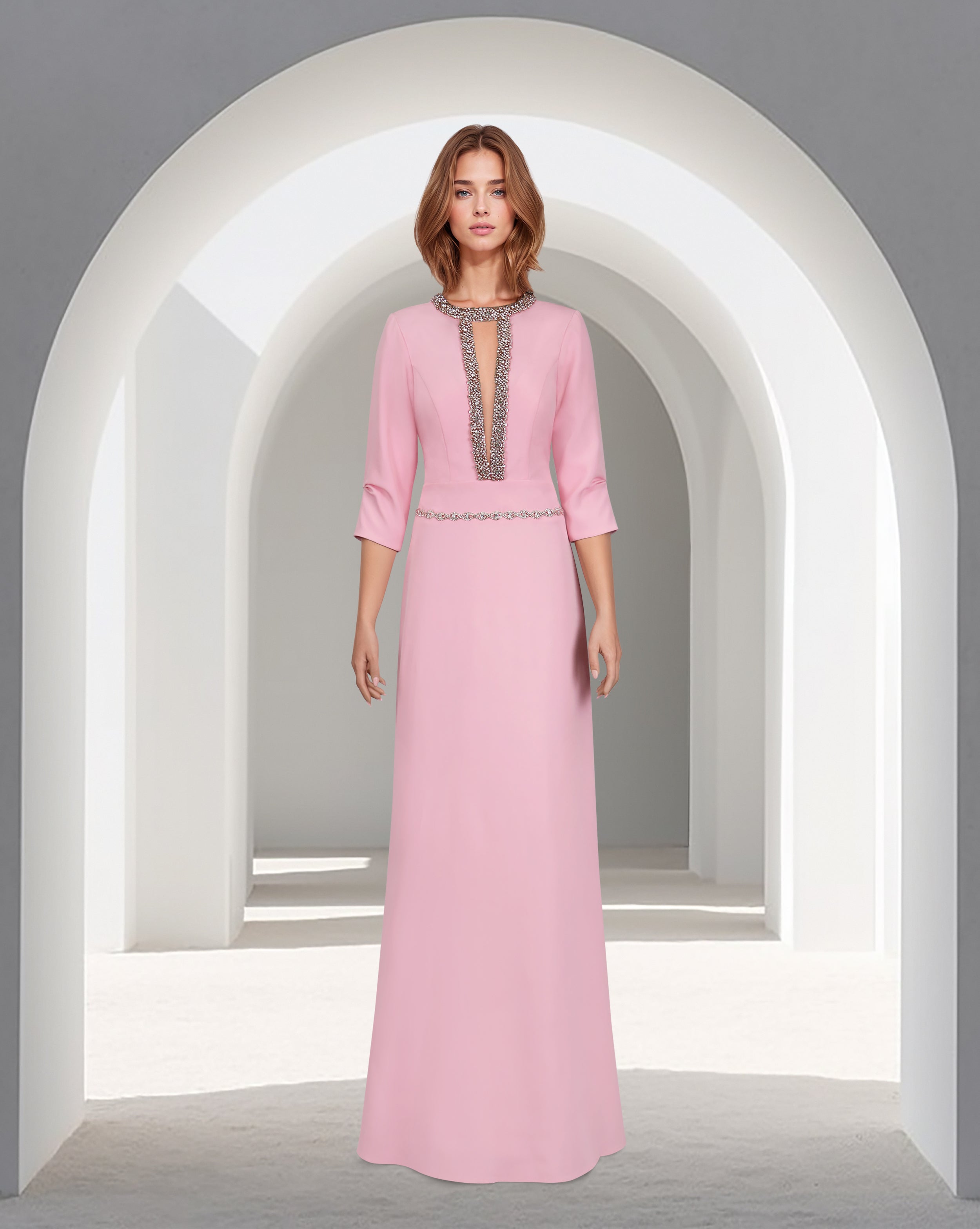 Beaded neckline - long floor length pink dress-Oberon