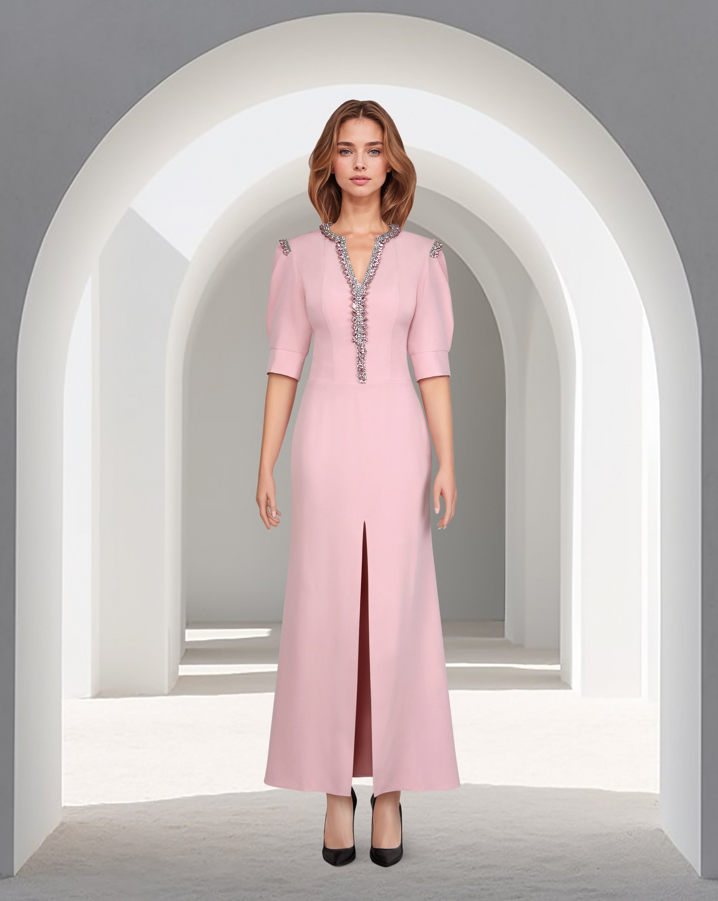 Beaded pink dress with front slit-Norabel