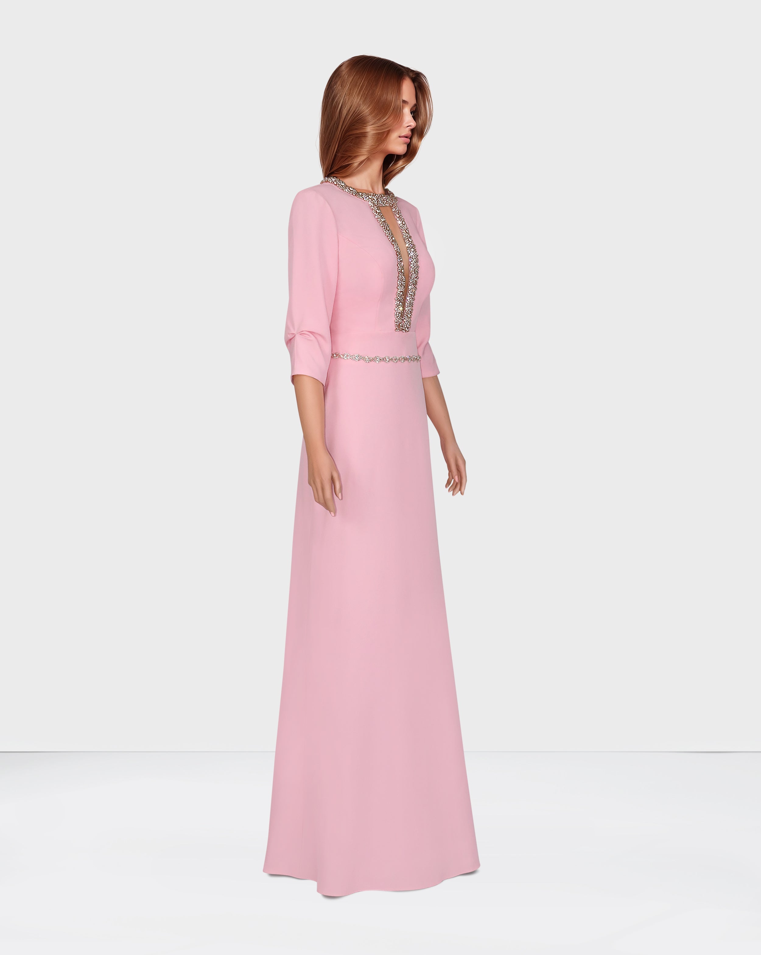 Beaded neckline - long floor length pink dress-Oberon
