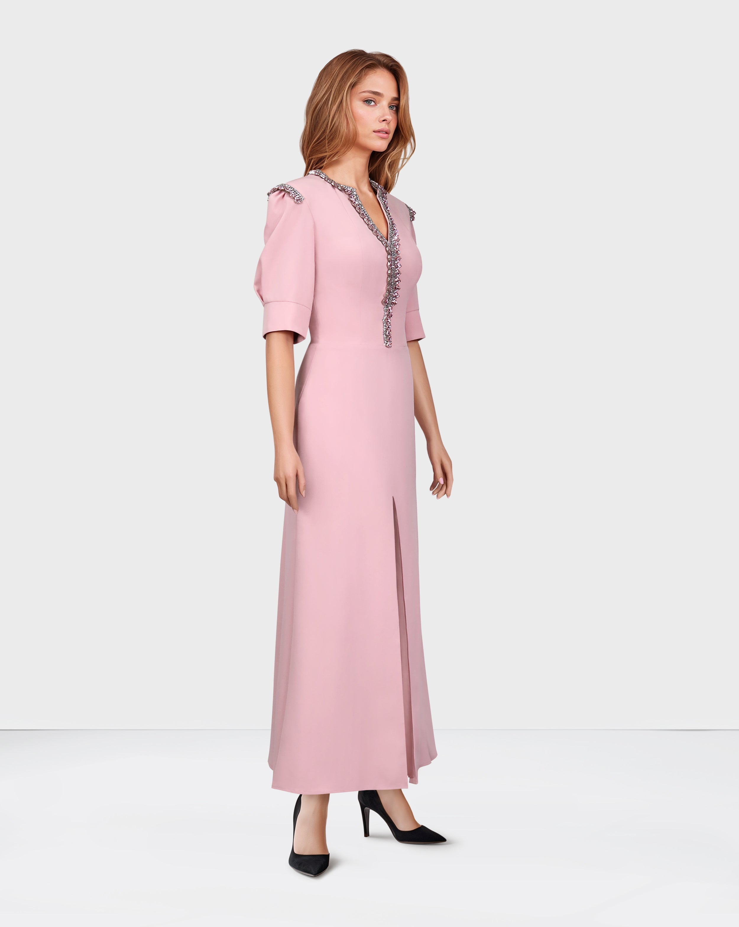 Beaded pink dress with front slit-Norabel