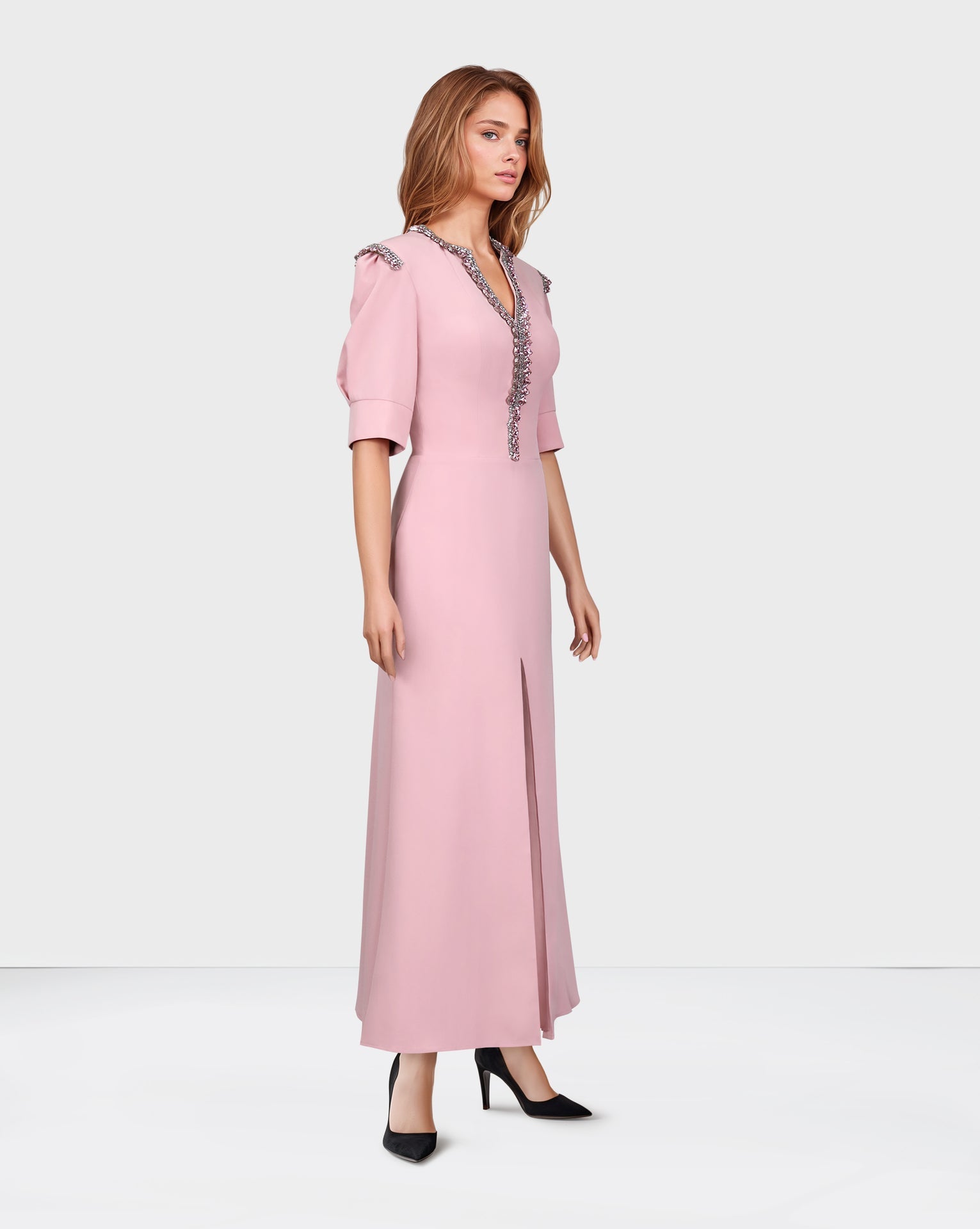 Beaded pink dress with front slit-Norabel