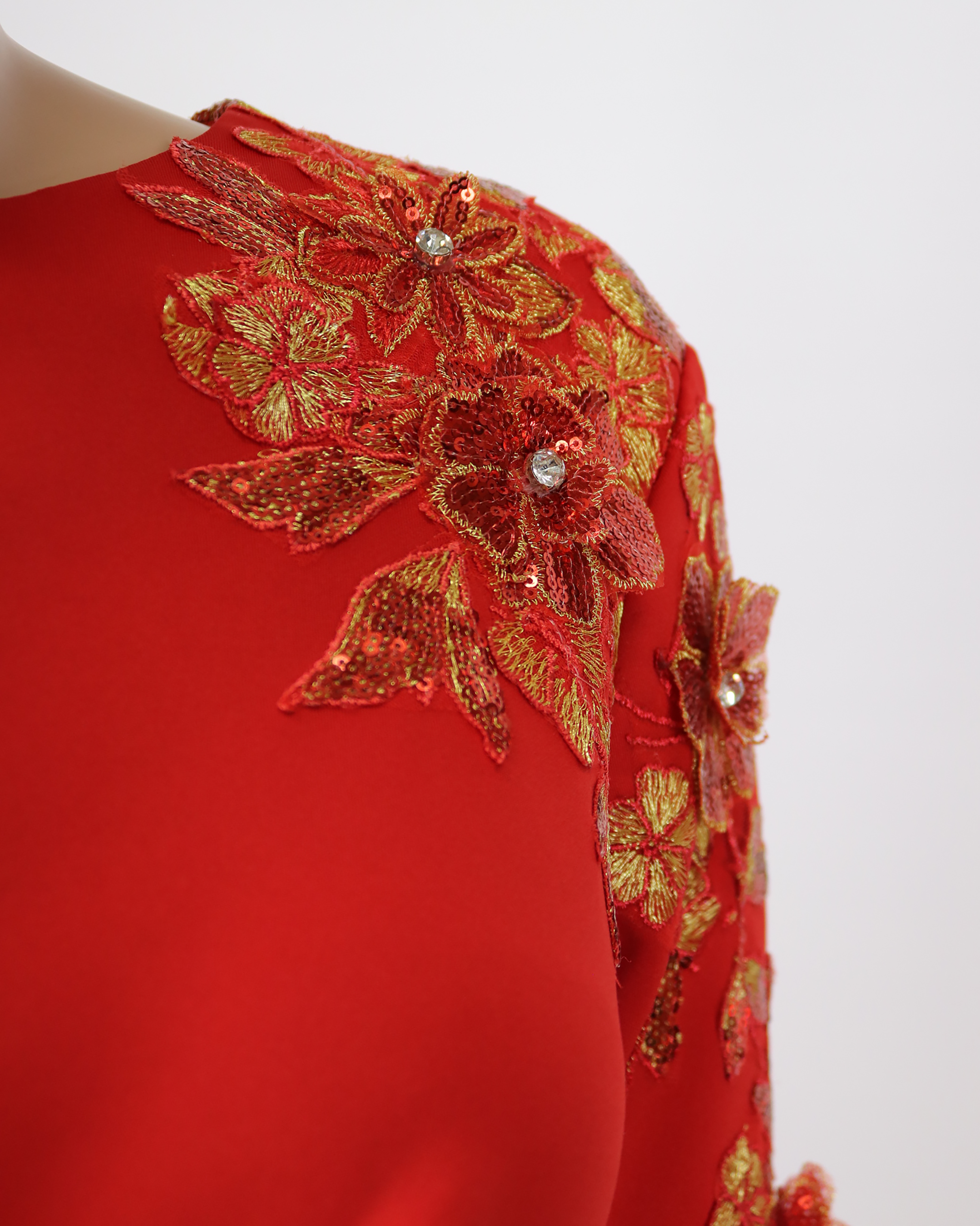 Red Floor-Length Dress with a Long Train and Sequined Sleeves