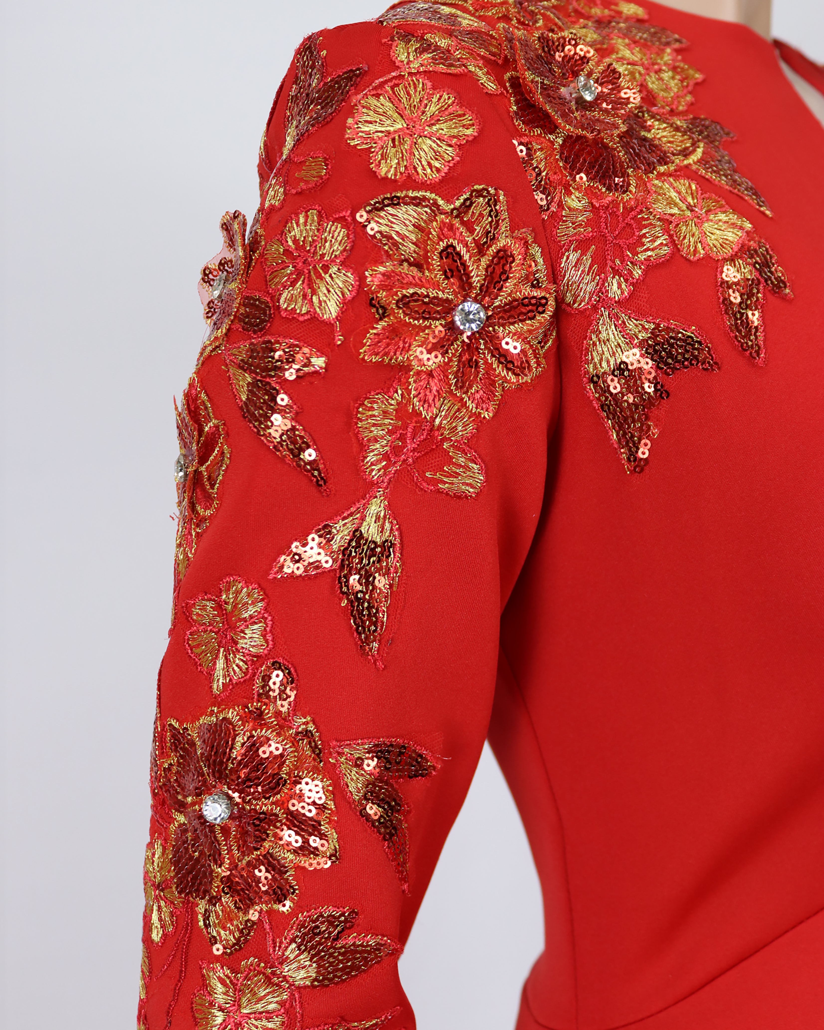 Red Floor-Length Dress with a Long Train and Sequined Sleeves