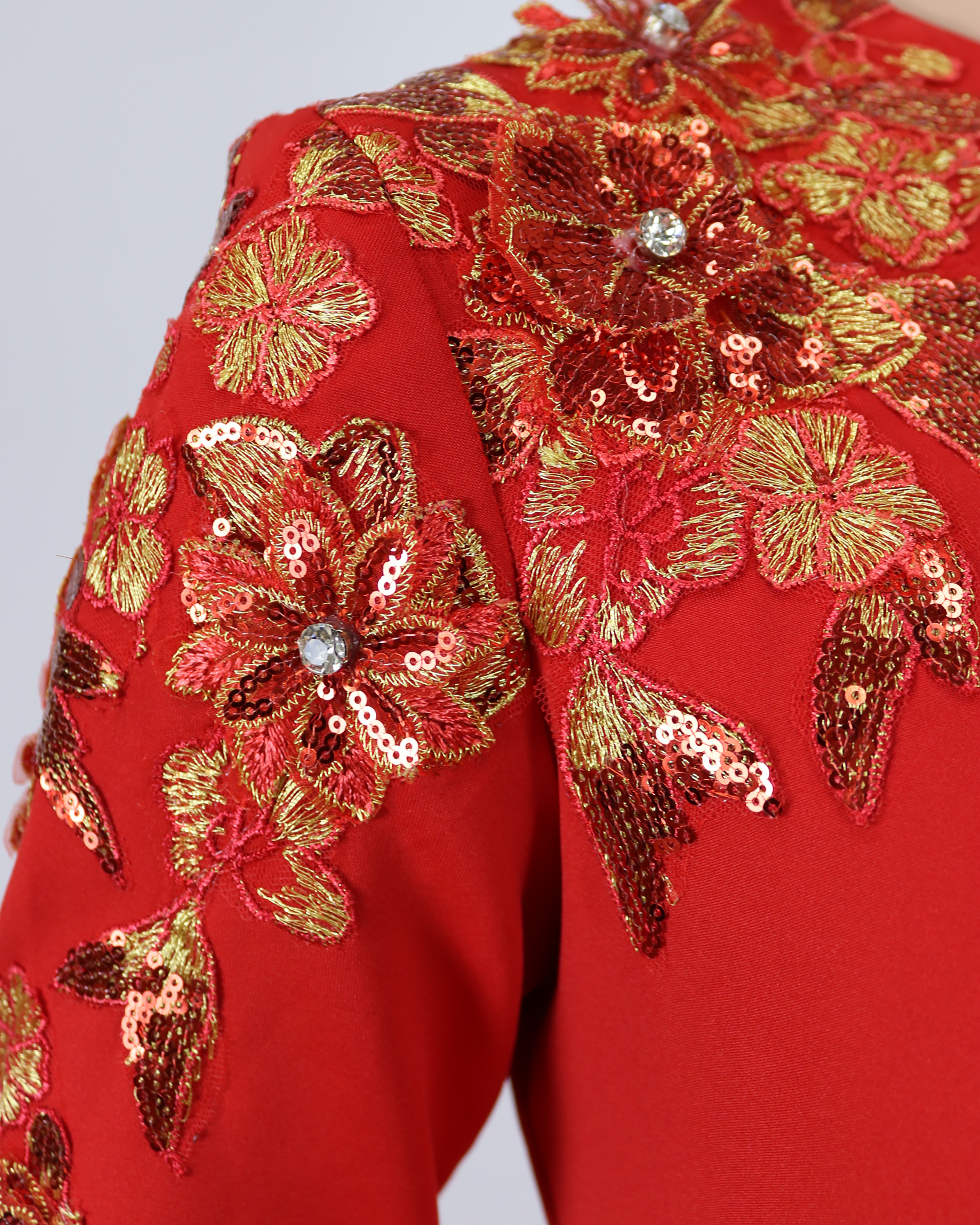 Red Floor-Length Dress with a Long Train and Sequined Sleeves