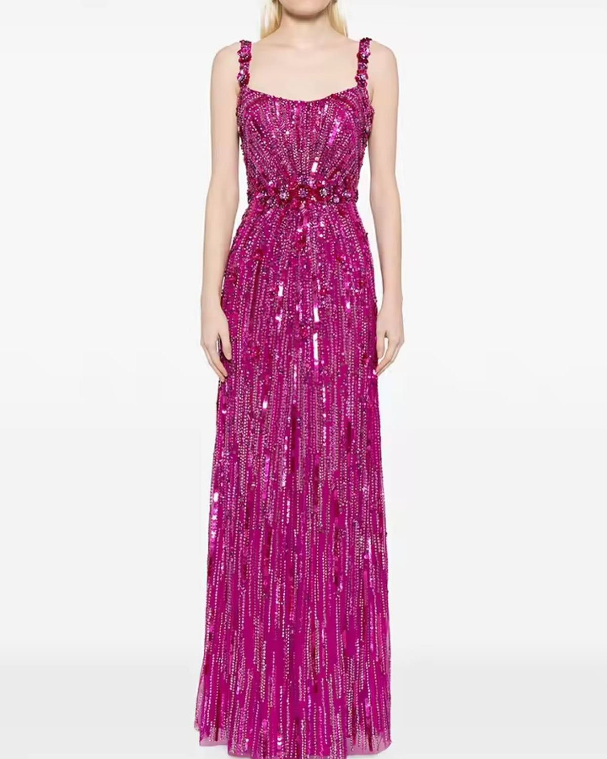 sleeveless sequin column dress with crystal waist – AQUA