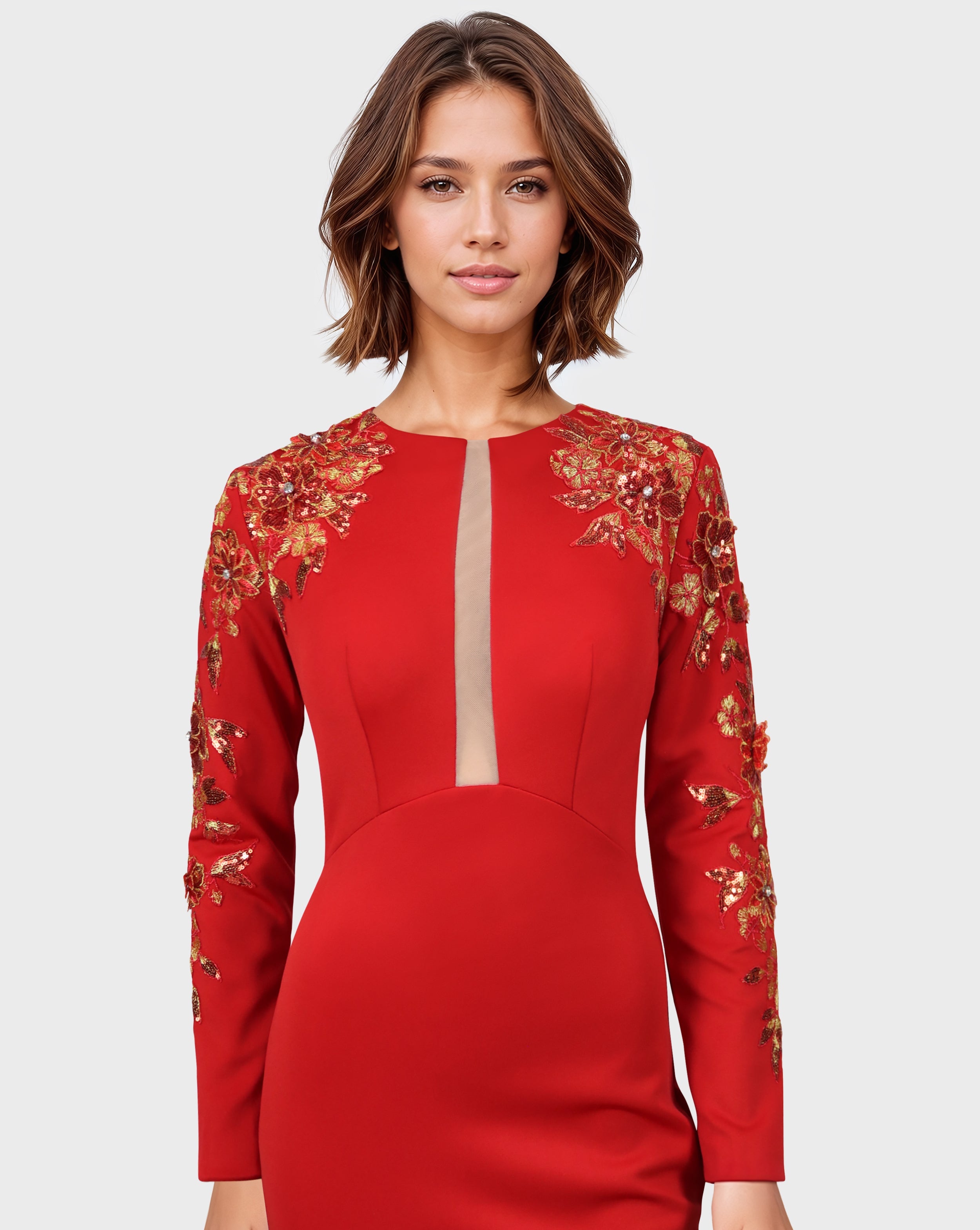 Red Floor-Length Dress with a Long Train and Sequined Sleeves