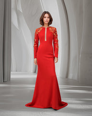 Red Floor-Length Dress with a Long Train and Sequined Sleeves