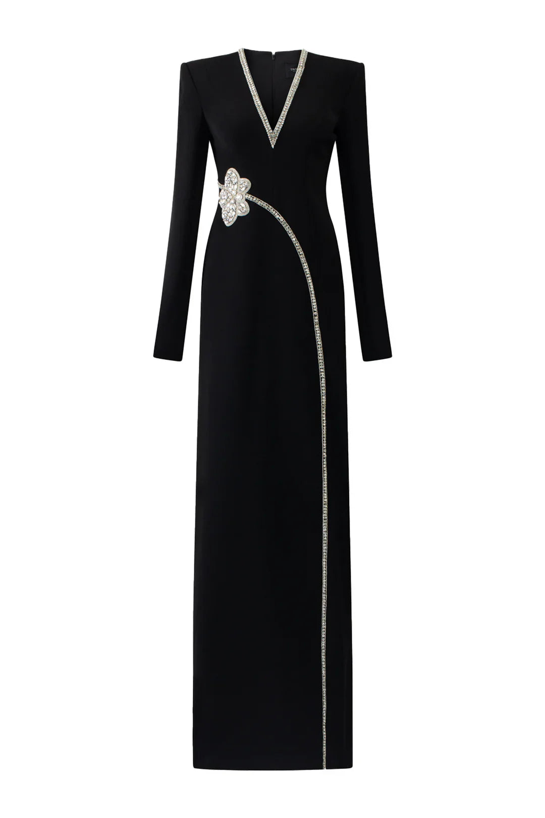 Long-sleeve column dress with V-neck and floral embellishment - ORBIT