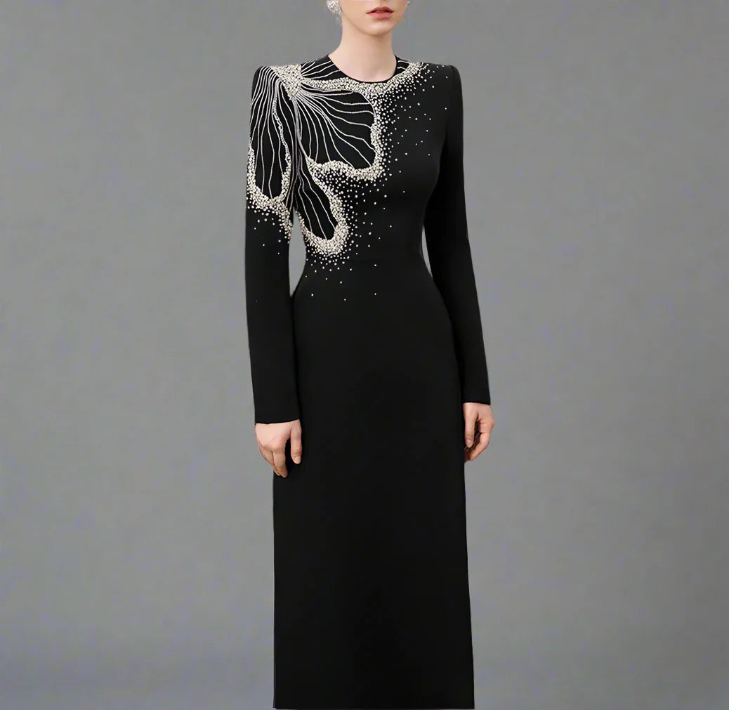 Long-Sleeve Column Dress with Beaded Floral Detail - CELESTE