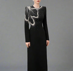 Long-Sleeve Column Dress with Beaded Floral Detail - CELESTE