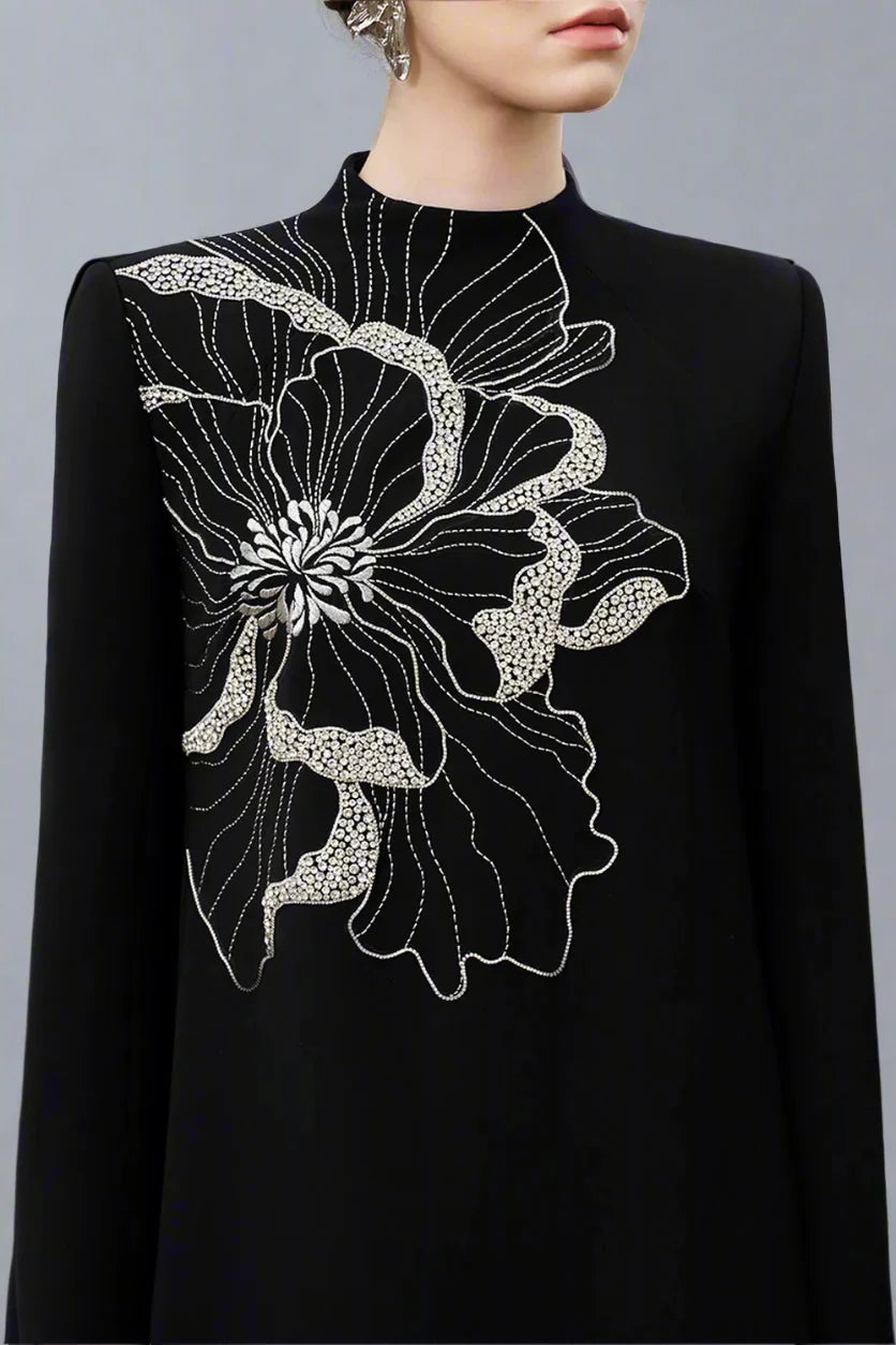 Long-sleeve flared dress with floral embellishment - BLOOM