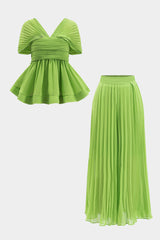 Chiffon Pleated Zipper Backless Mini Dress And Wide Leg Trousers Set