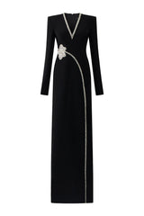 Long-sleeve column dress with V-neck and floral embellishment - ORBIT