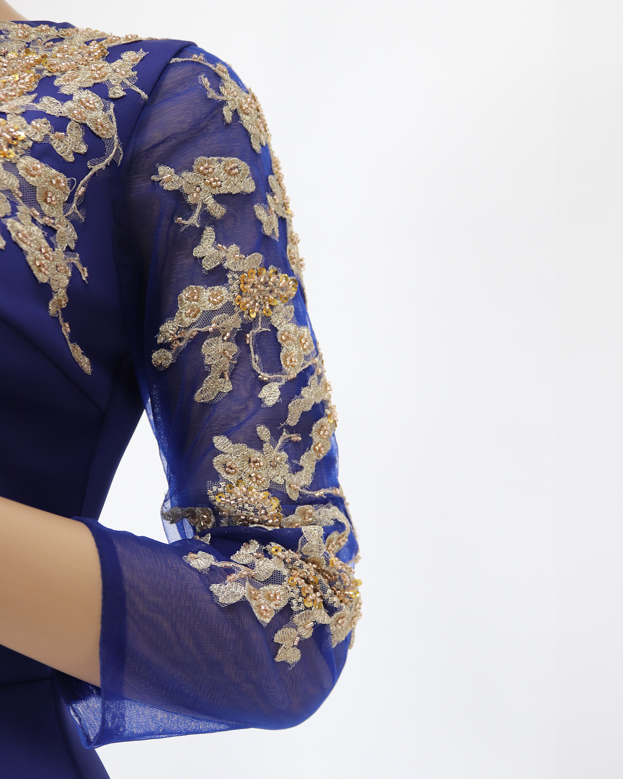 Blue Floor-Length Dress with see through sequined sleeves-Areejh