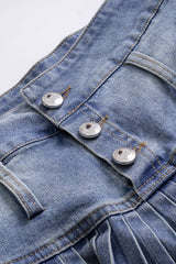 Denim Pleated High Waist  Mentalic Decor Skirt