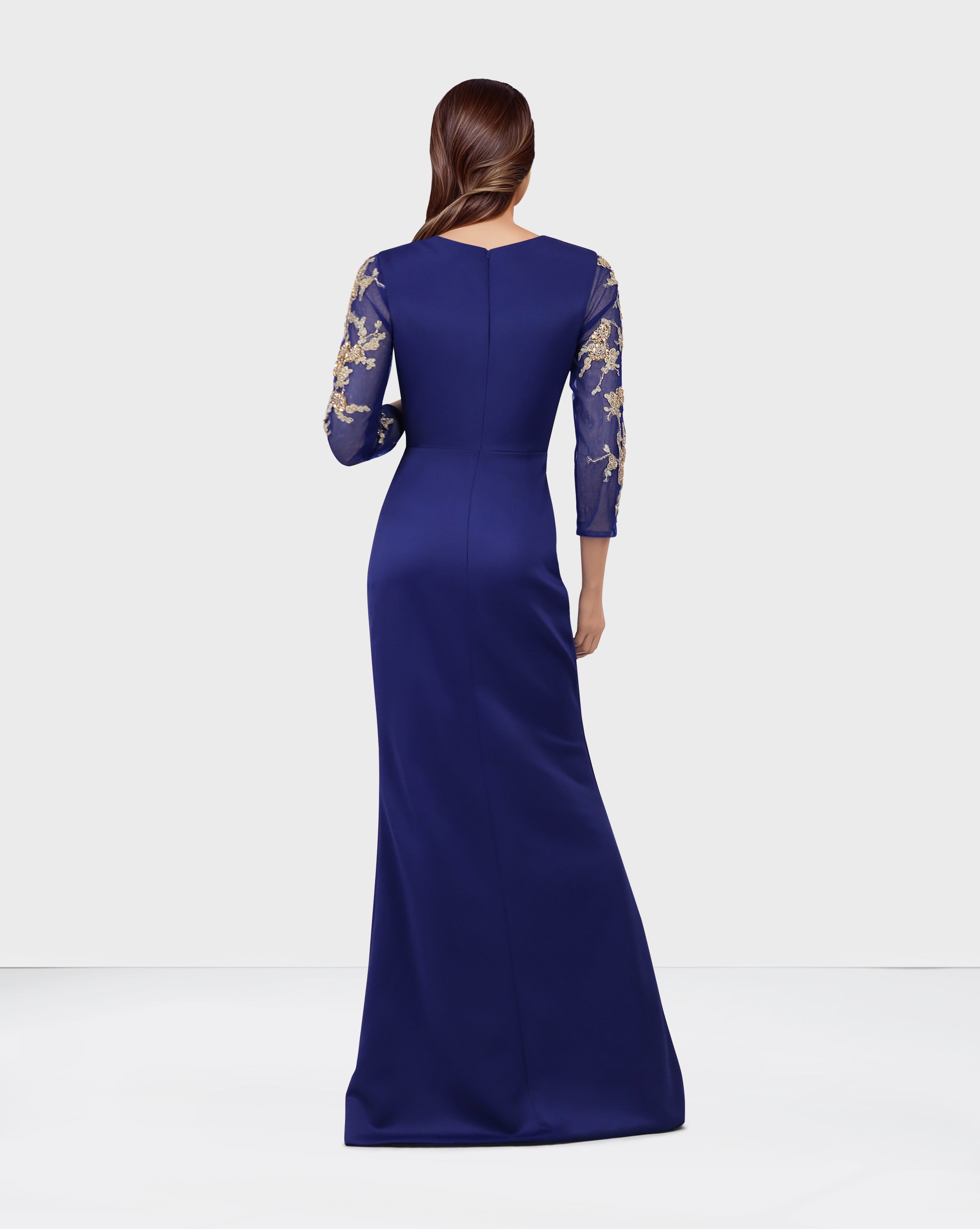 Blue Floor-Length Dress with see through sequined sleeves-Areejh