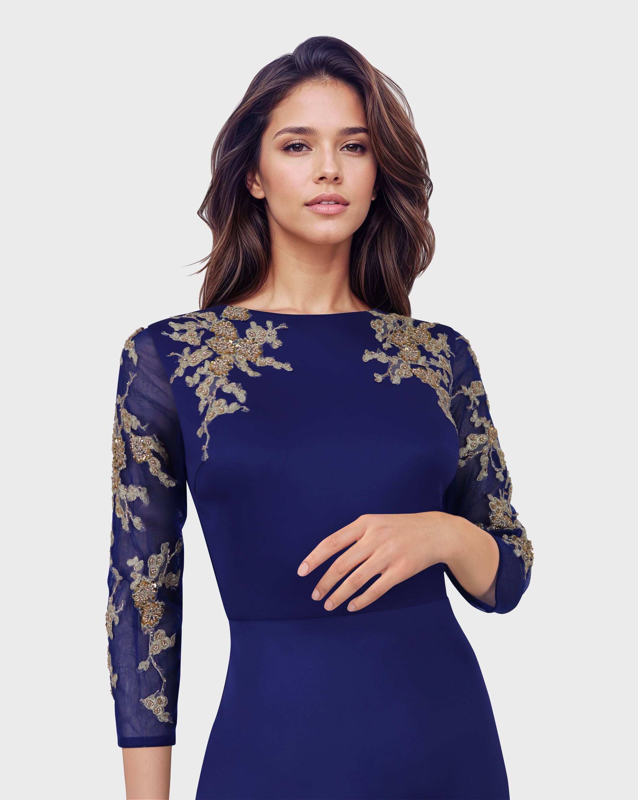 Blue Floor-Length Dress with see through sequined sleeves-Areejh