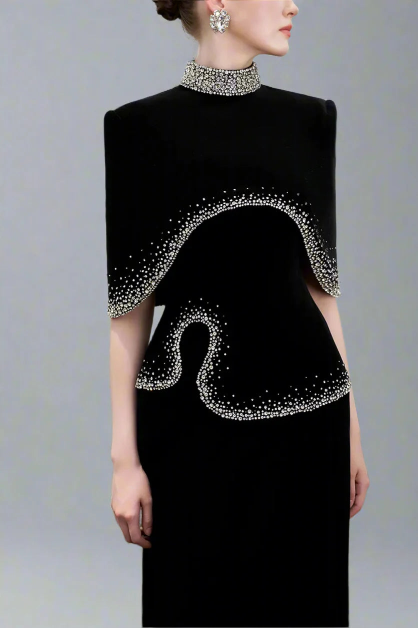 High-Neck Column Dress with Embellished Cape Detail - ELYSIA