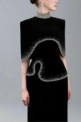 High-Neck Column Dress with Embellished Cape Detail - ELYSIA