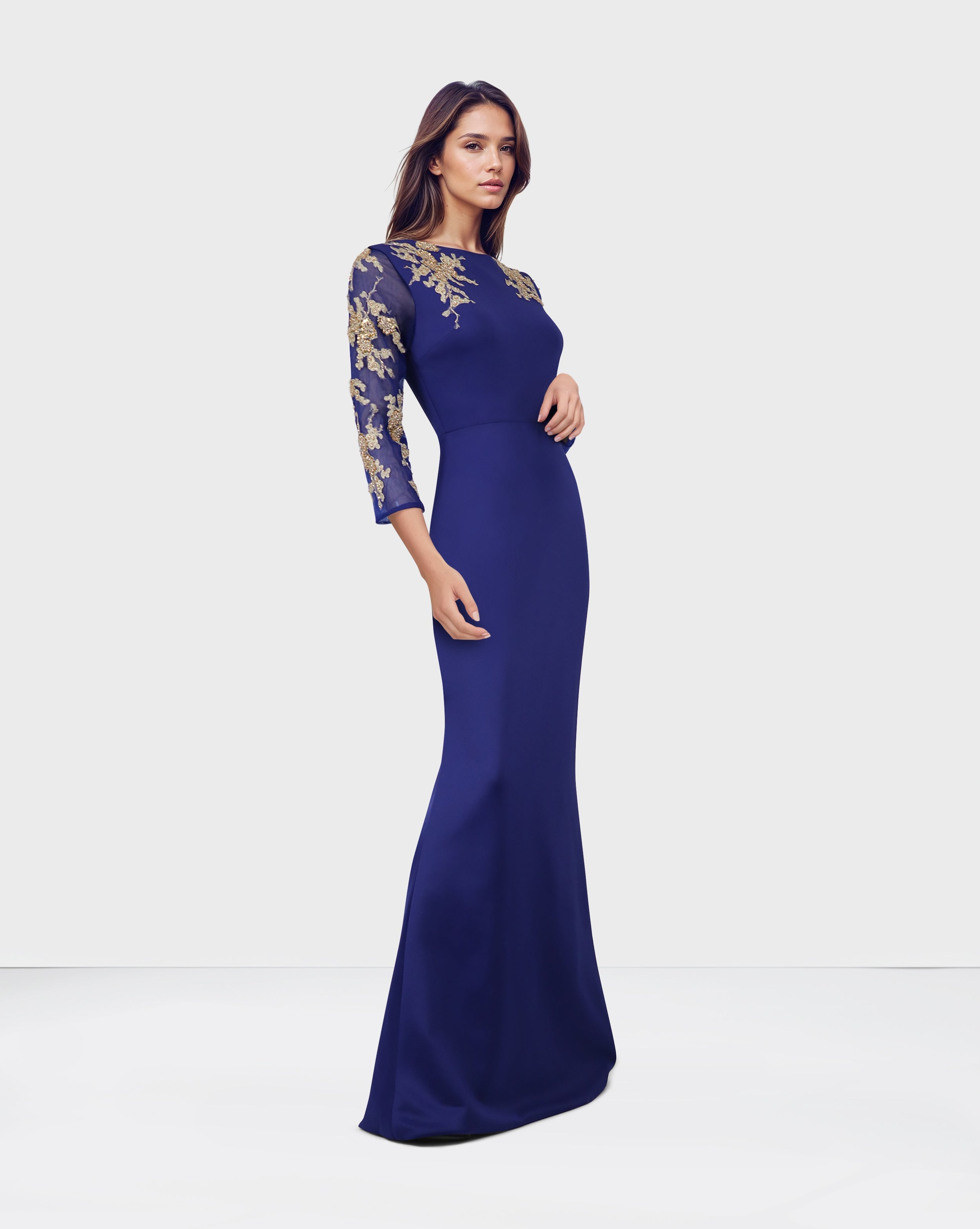 Blue Floor-Length Dress with see through sequined sleeves-Areejh