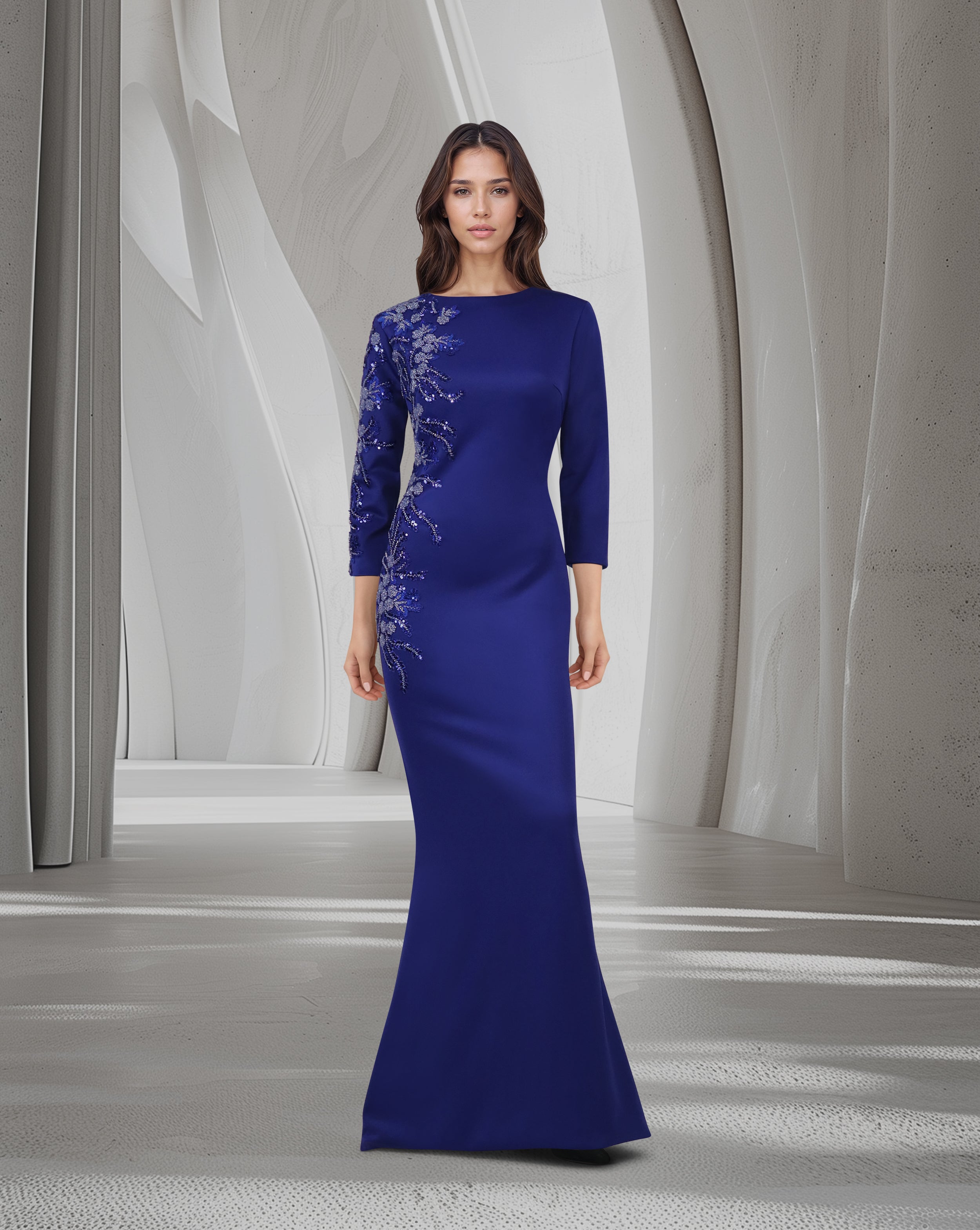 Long sleeve Floor-Length Dress with beaded side-Fadwa
