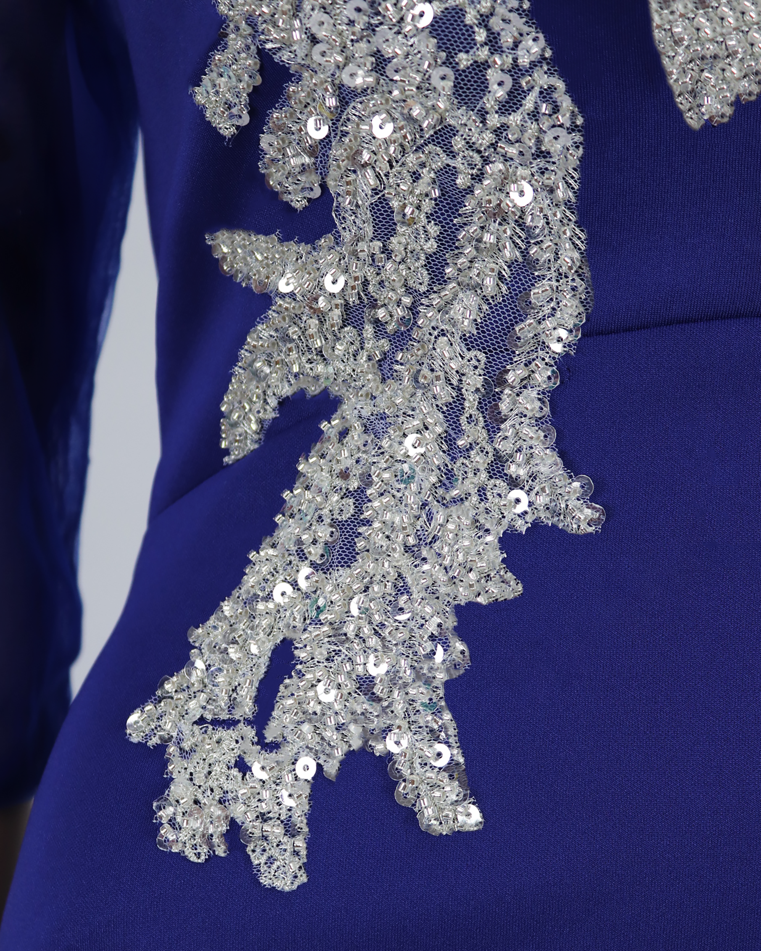 Sequined floor-length blue dress with see-through sleeves