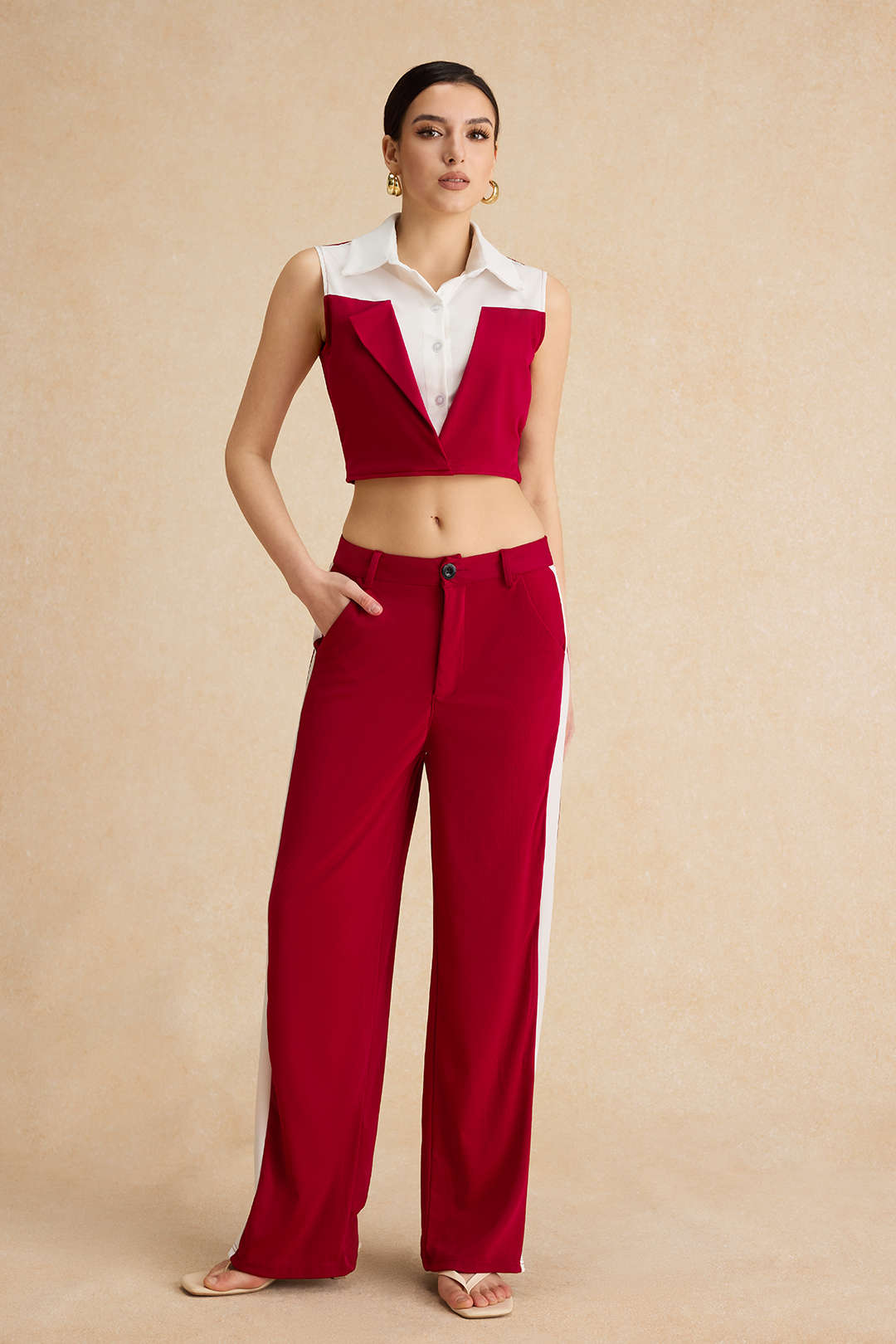 Patchwork Button Tie Back Sleeveless Top And Zipper Pocket Trousers Set