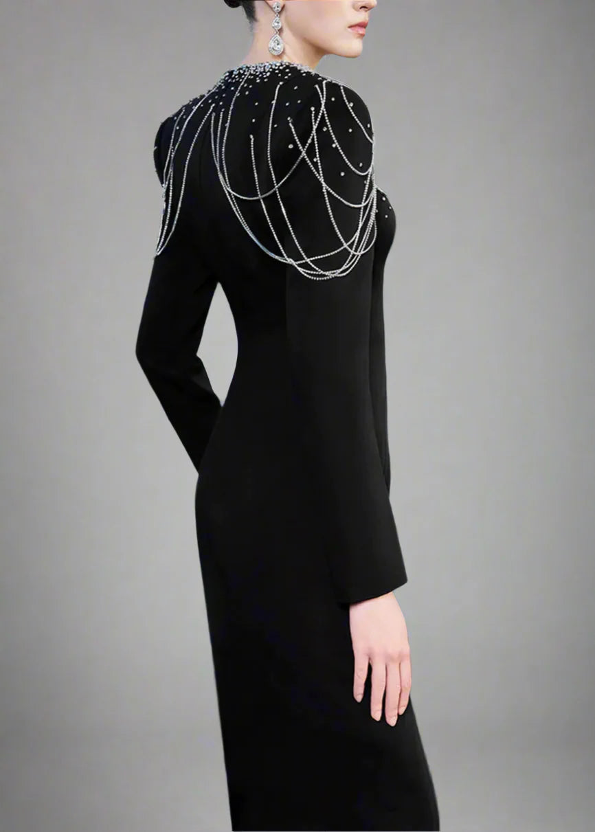 Long-Sleeve Column Dress with Beaded Shoulder Chains - ASTRA