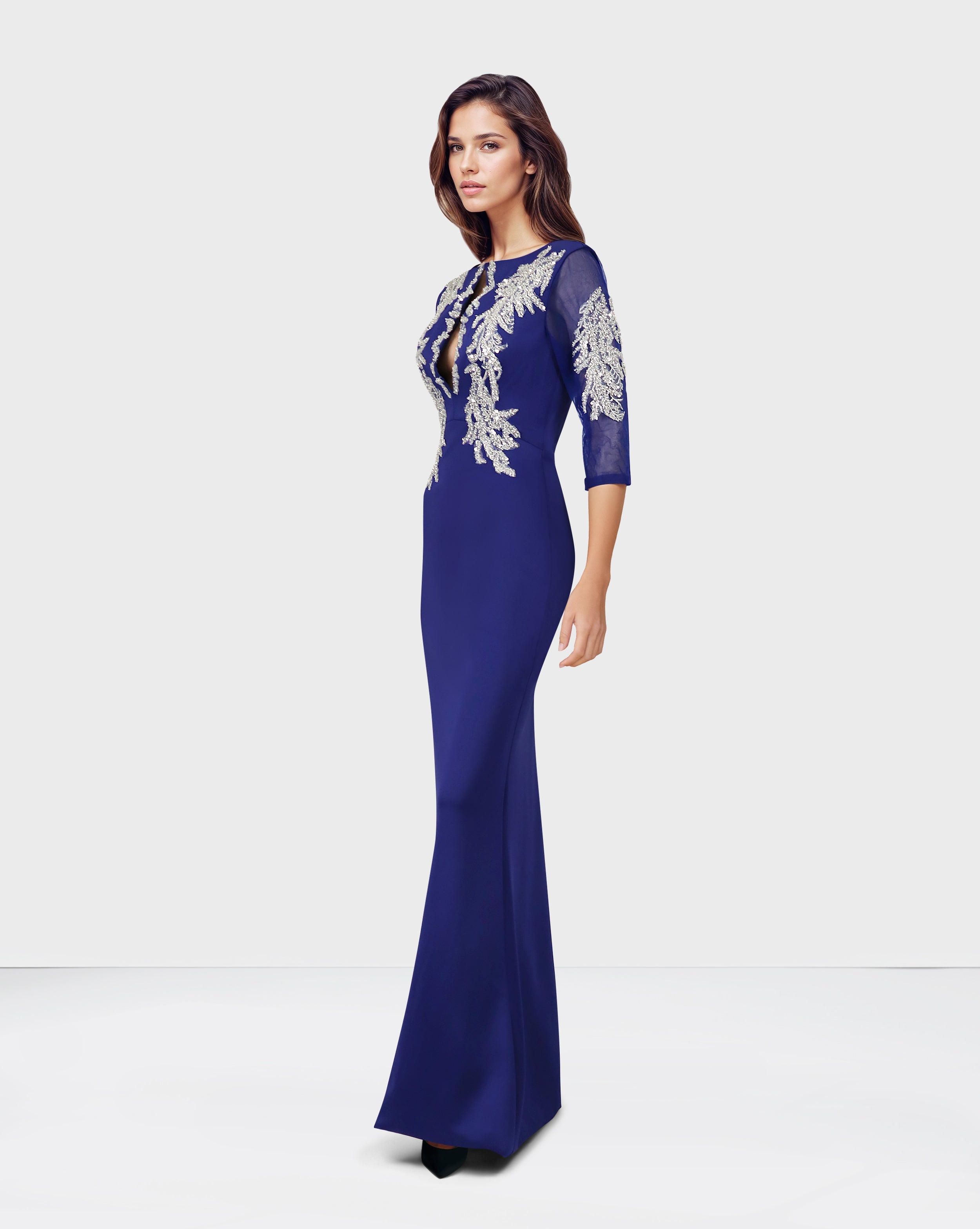 Sequined floor-length blue dress with see-through sleeves