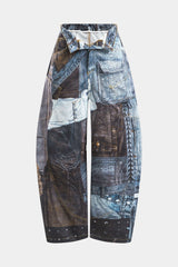 Abstract Print Button Pocket Wide Leg Barrel Trousers
