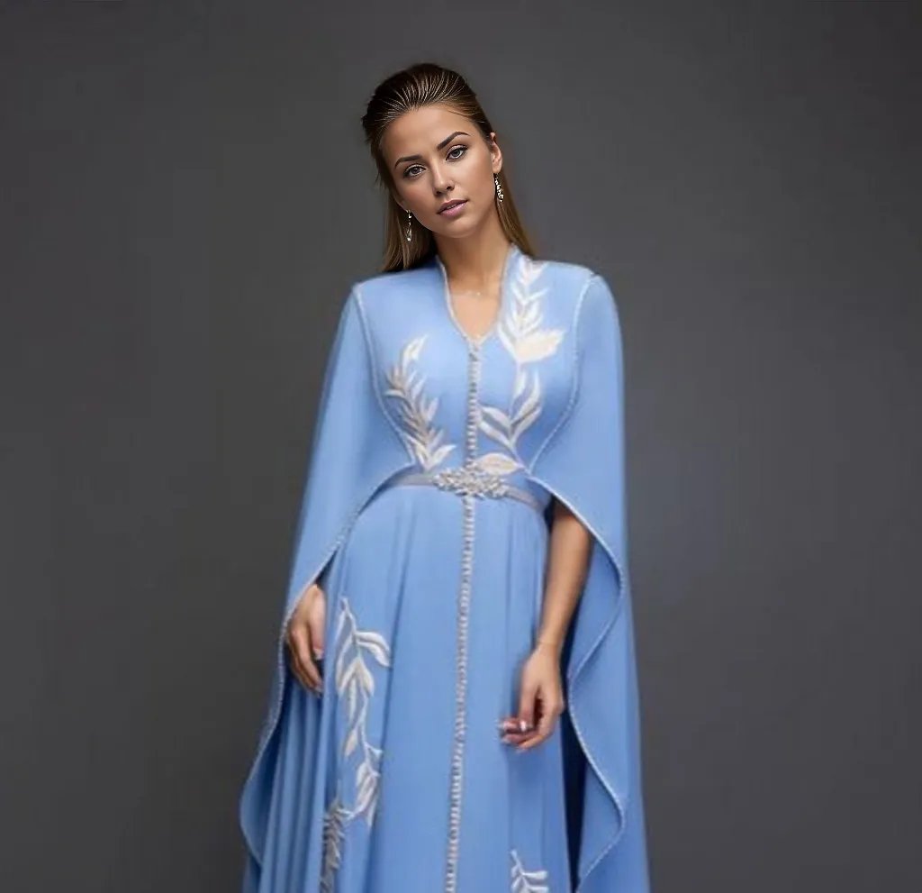 Embroidered cape gown with beaded trim – Lofan