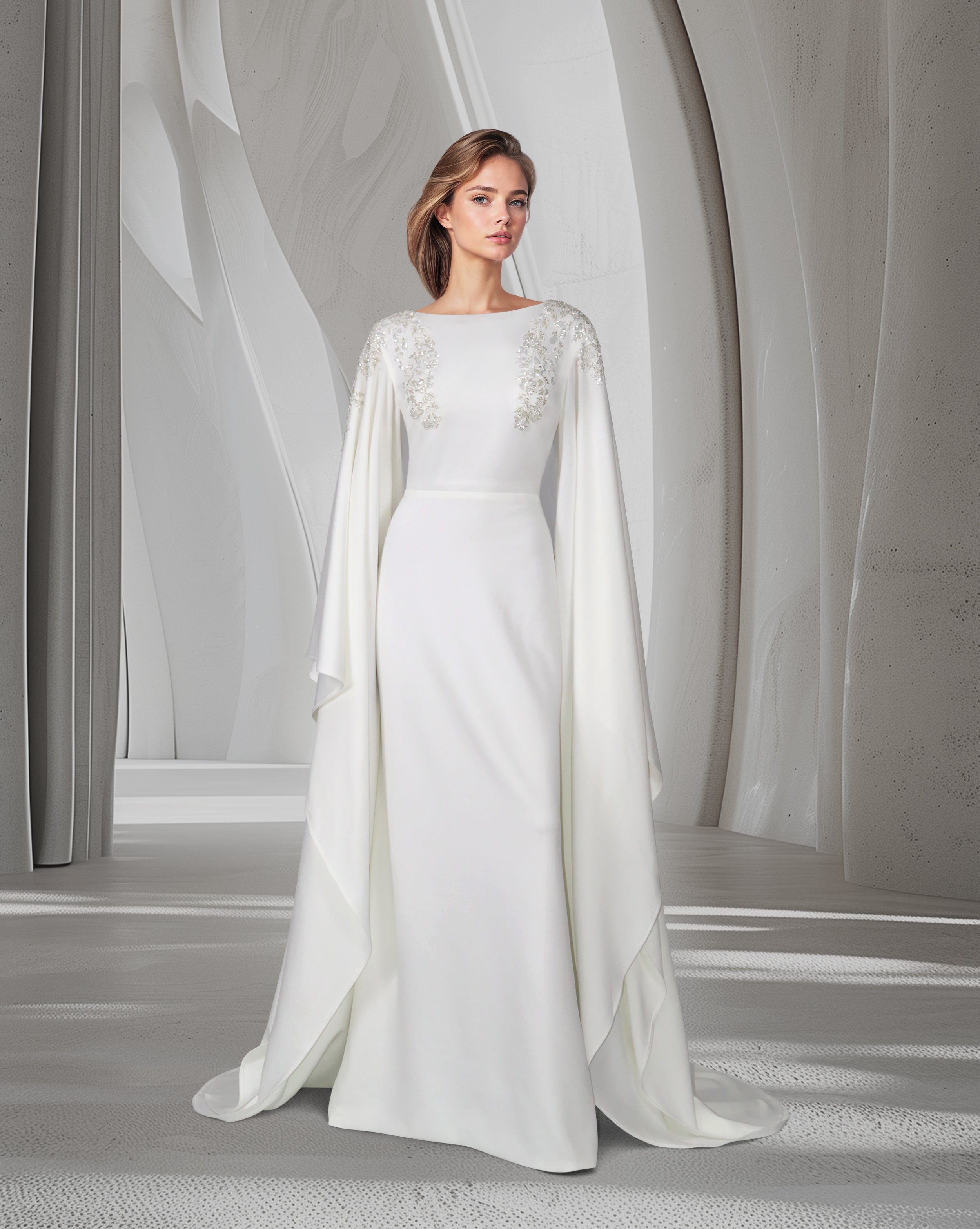 Sequinned shoulders dress with floor-length sleeves