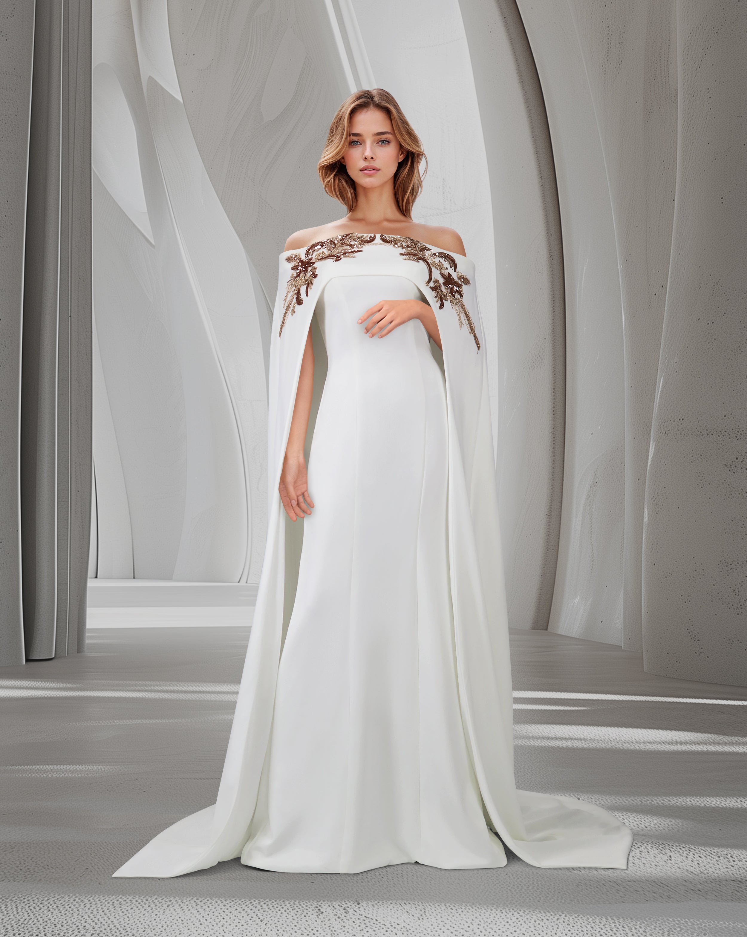 Shoulder off - sequined dress with maxi cape