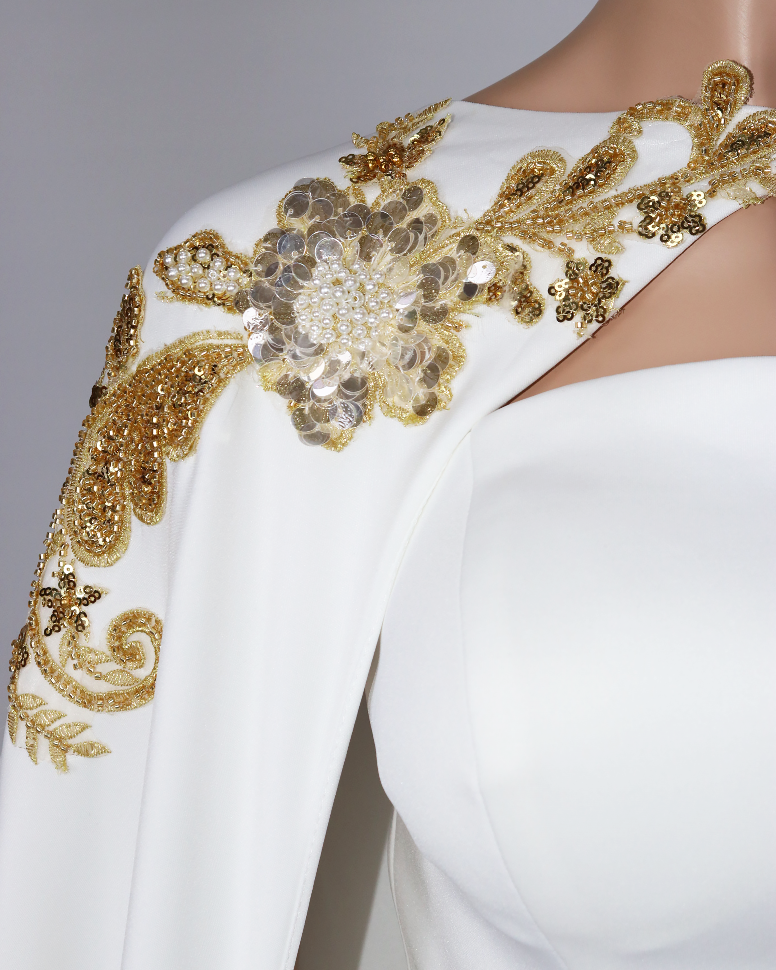 Strapless column dress with sequined maxi cape