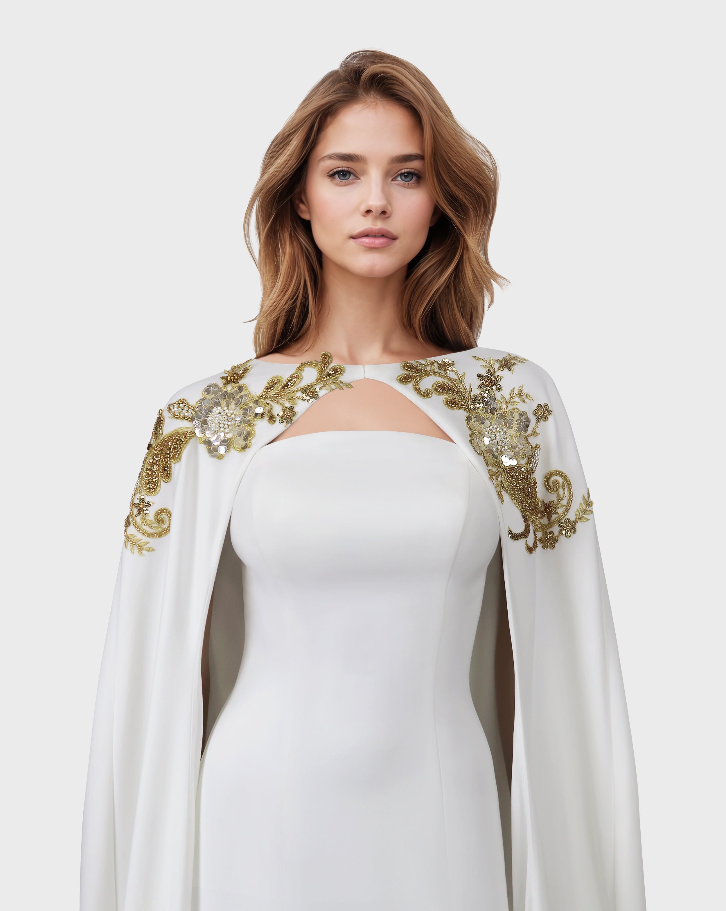 Strapless column dress with sequined maxi cape