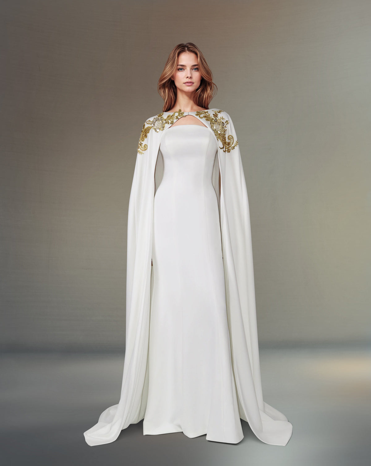 Strapless column dress with sequined maxi cape