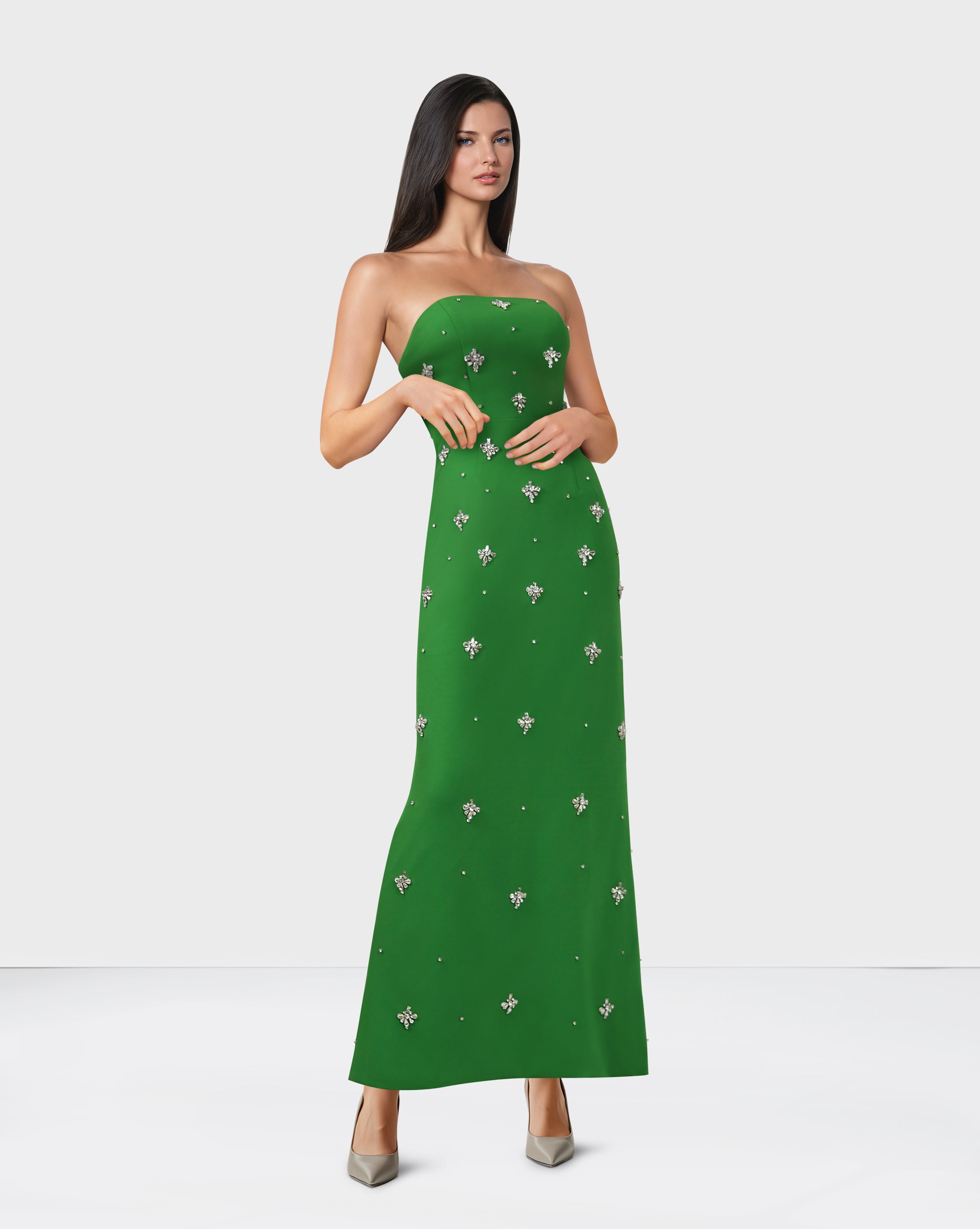 Strapless beaded column dress with shoulders cape - LEINEM
