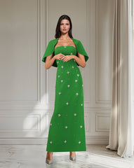Strapless beaded column dress with shoulders cape - LEINEM