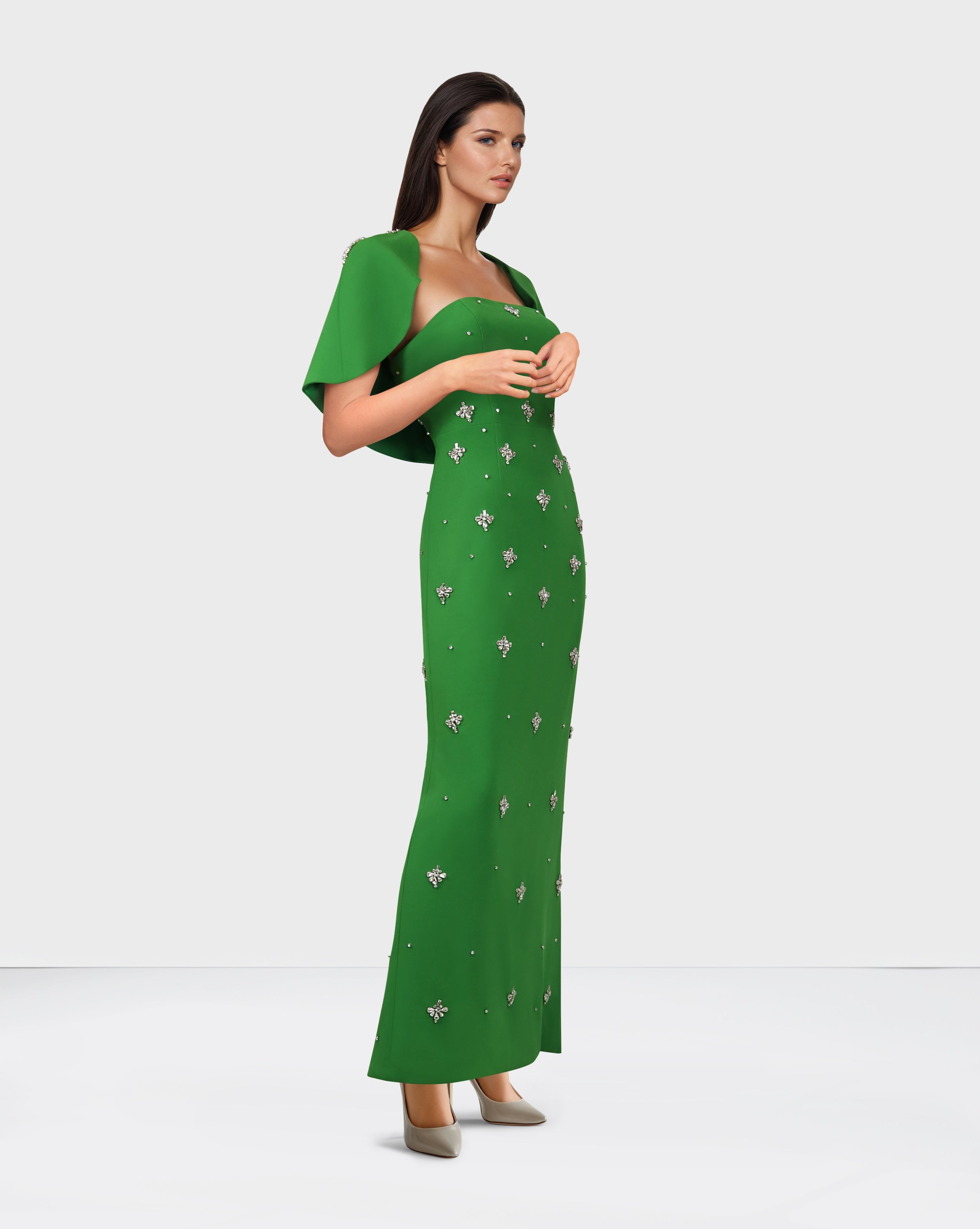 Strapless beaded column dress with shoulders cape - LEINEM