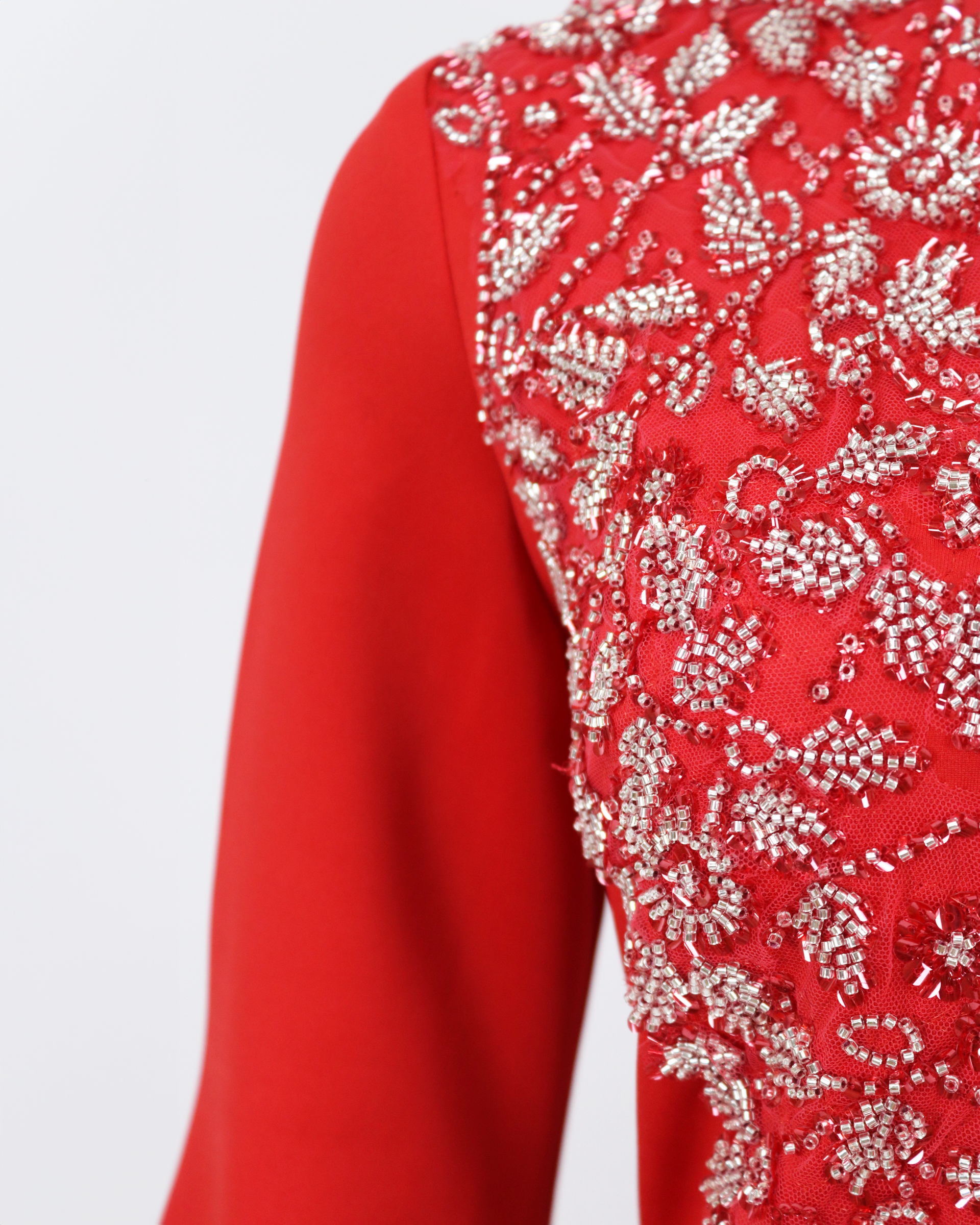Red Floor-Length Beaded Dress with Puffed Sleeves