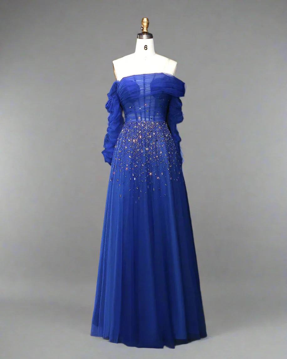 Off-shoulder tulle gown with crystal embellishments – STELLARA