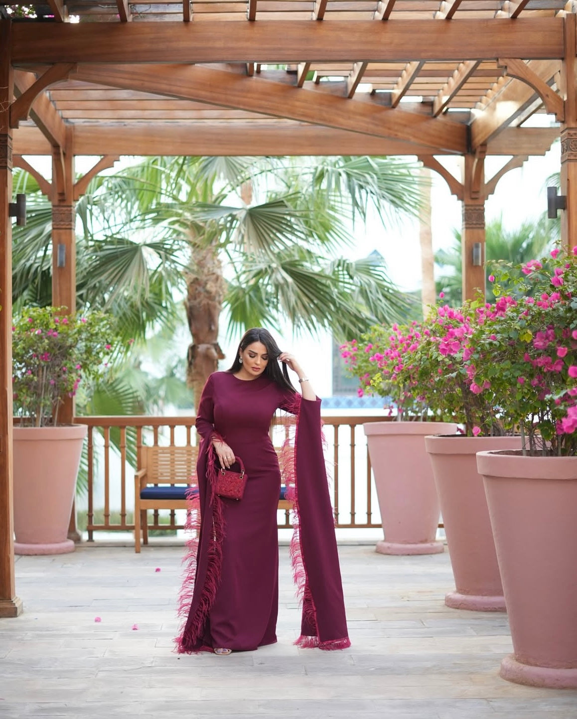 long floor sleeves dress with feathers - Zivah