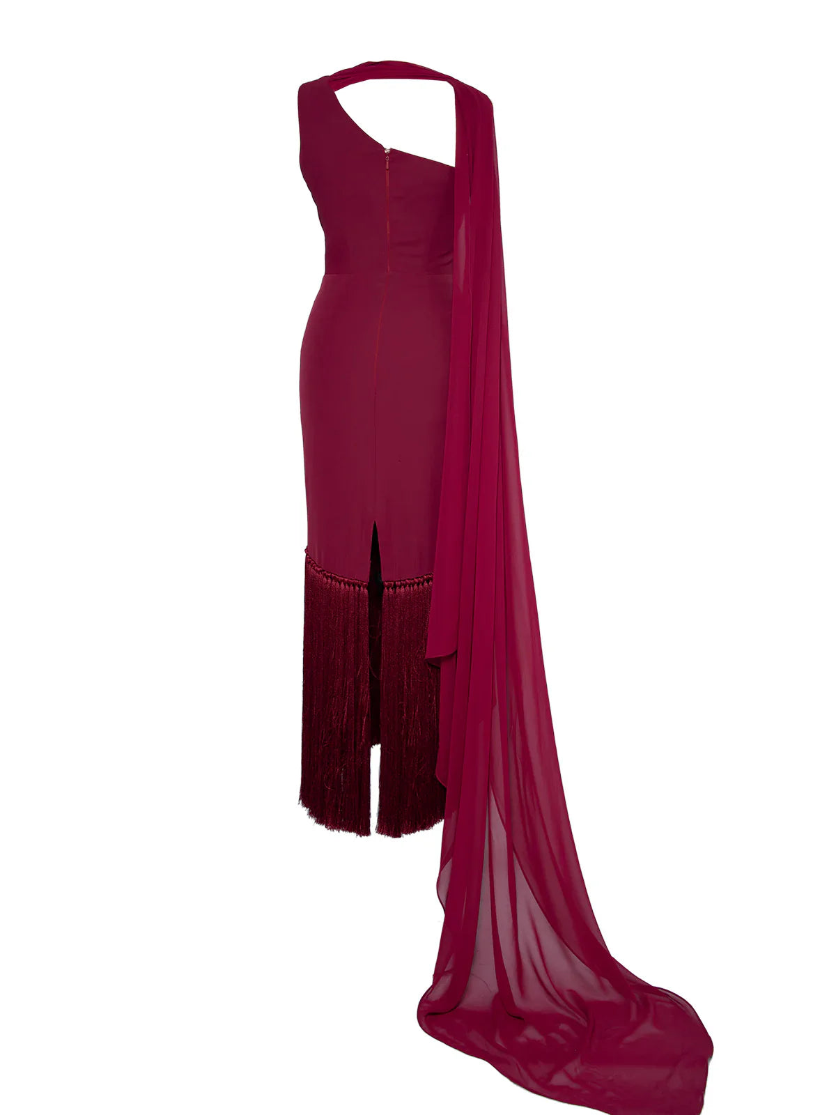 One-shoulder sheath dress with fringe hem and chiffon sash – RUBY